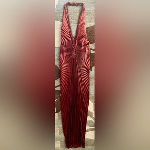 Carmen Marc Valvo Accordion Pleated Halter Gown w Front Slit in Brick